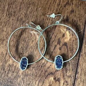 Kendra Scott Gold Hoop Earrings with Dark Blue Druzy Accents